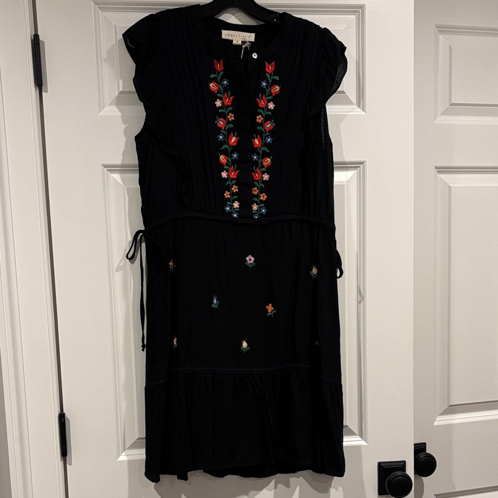 NWT Lovestitch Black Midi Dress with Floral Embroidery
